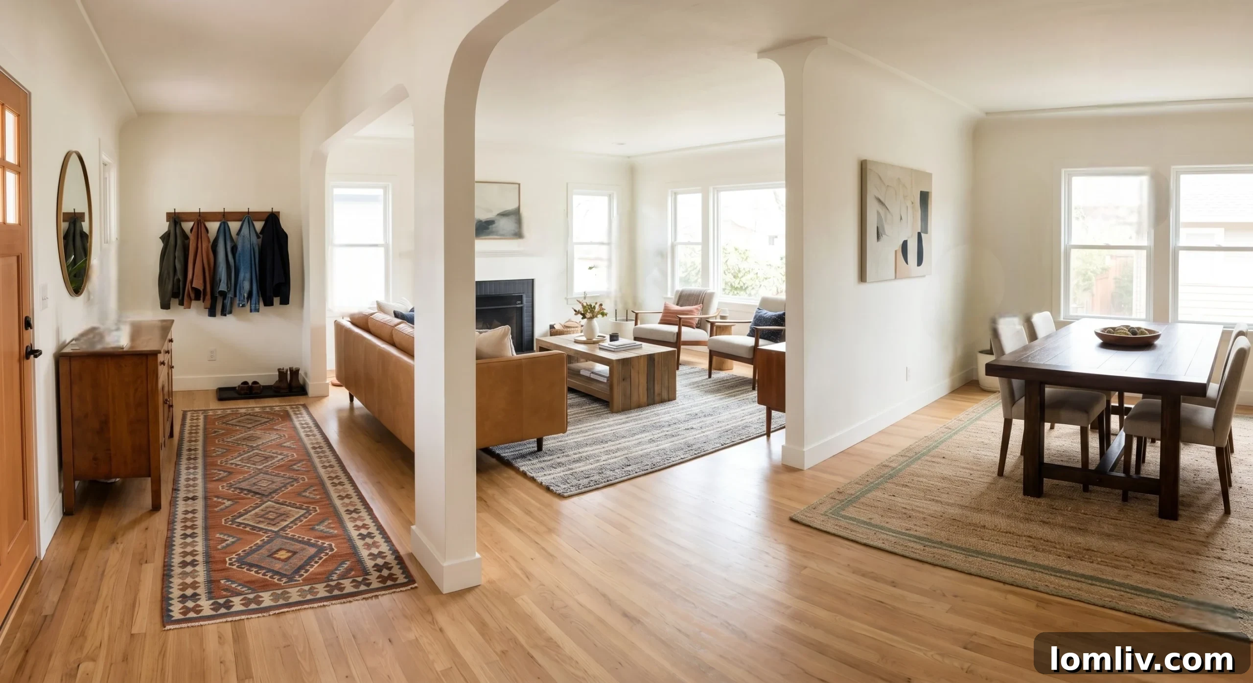 A beautiful blue and white area rug in a well-decorated, comfortable family room.