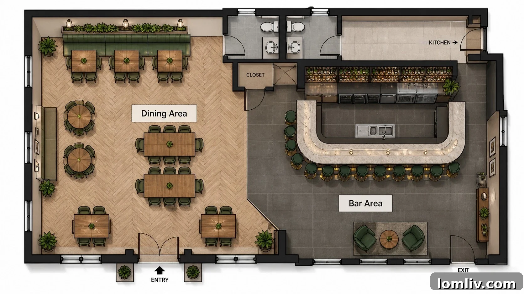 Beyond the Noise Acoustic Design for Commercial Success 4 A well-spaced restaurant floor plan with booths and dividers to manage noise.