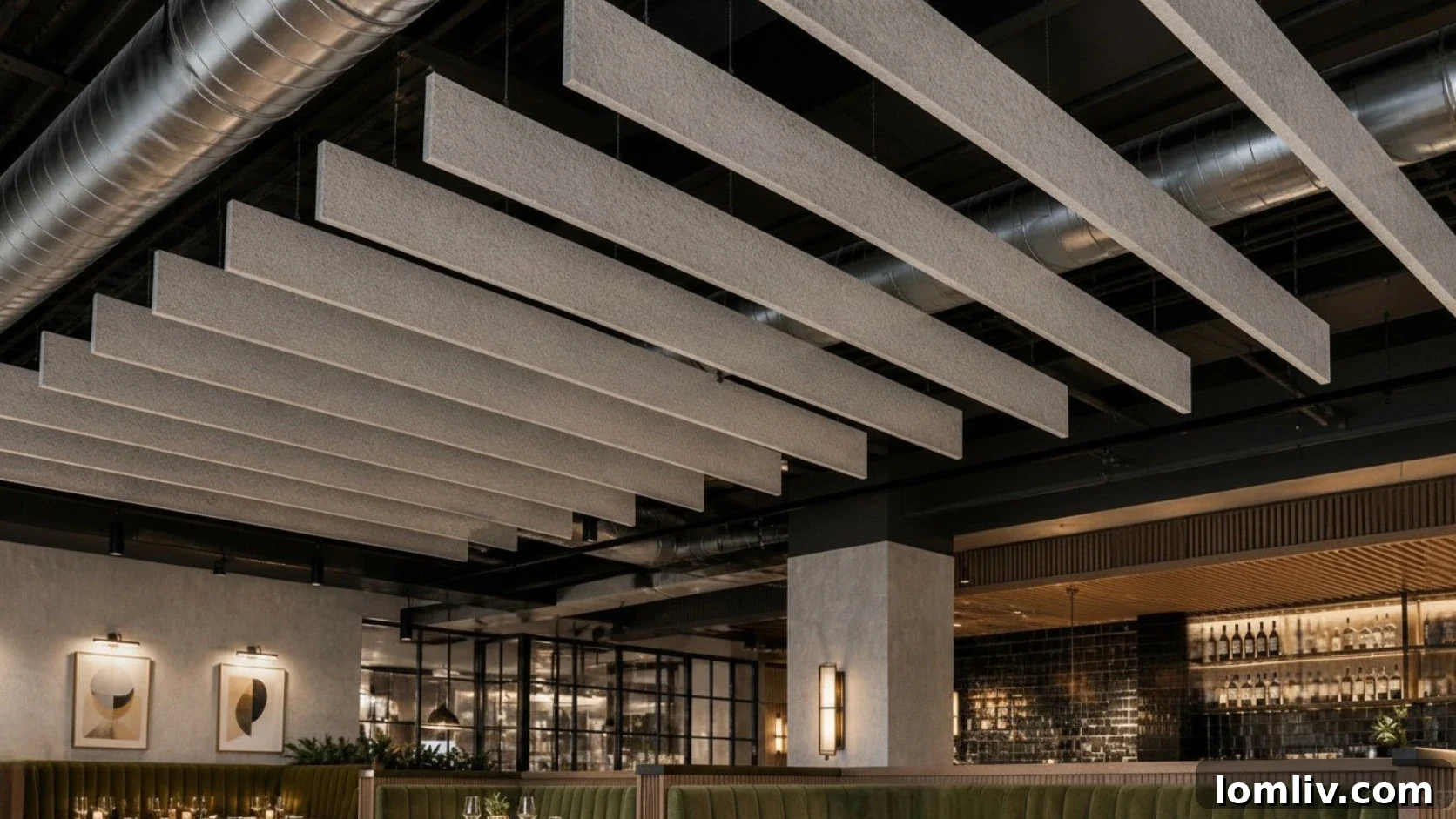 Beyond the Noise Acoustic Design for Commercial Success 5 Exposed ceiling with acoustic baffles installed to reduce mechanical noise.
