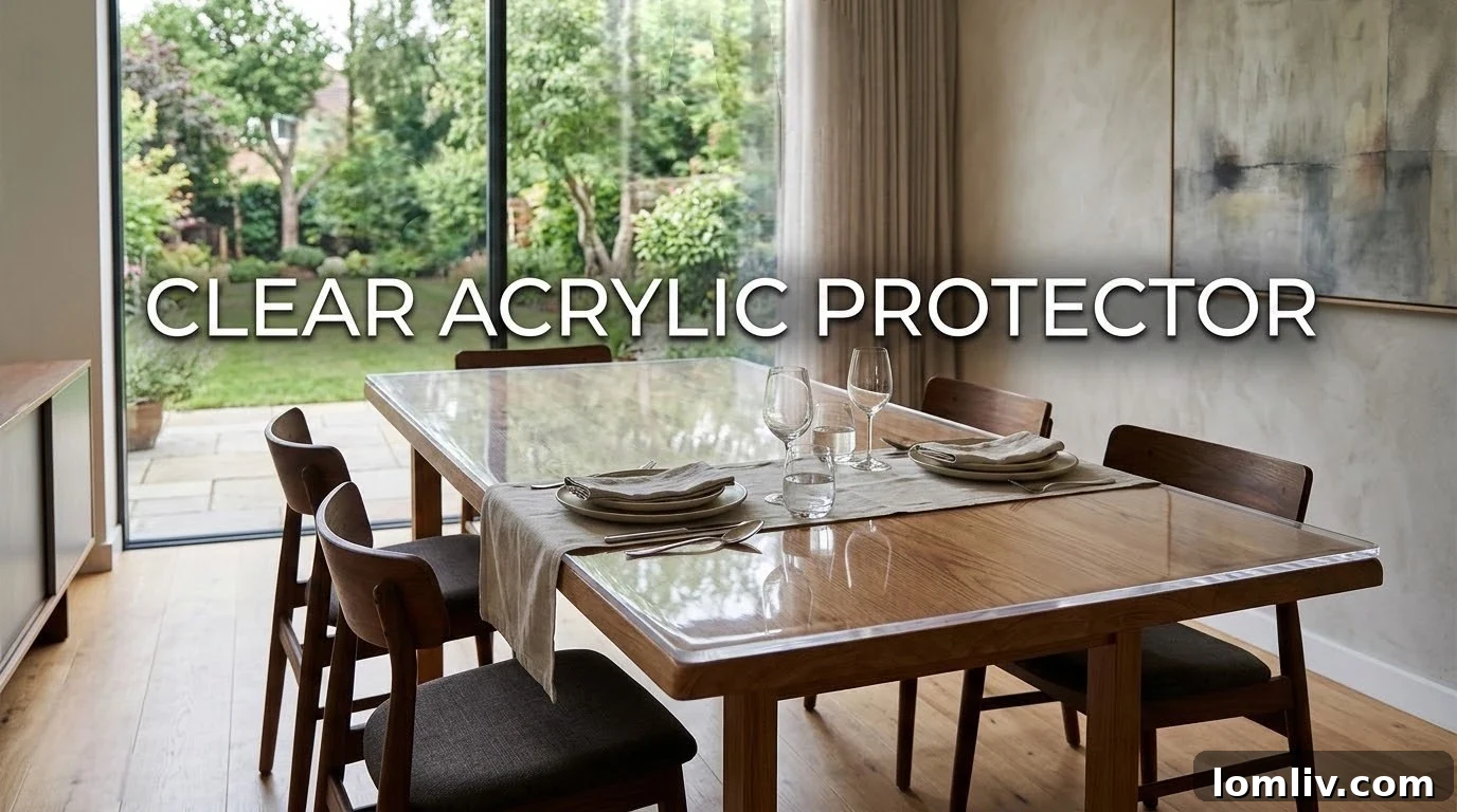 Tabletop Protector Showdown Glass Acrylic PVC and Cloth 3 A wooden dining table covered with a clear acrylic sheet, protecting the surface while keeping it visible.