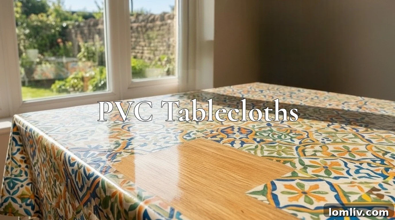 Tabletop Protector Showdown Glass Acrylic PVC and Cloth 4 A dining table covered with a patterned PVC tablecloth, ideal for easy cleanup.