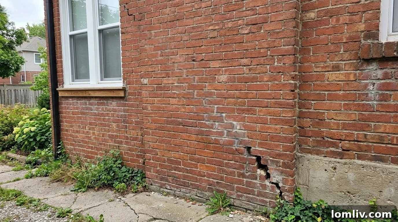 Five Foundation Issues That Will Kill a Property Deal 6 A classic stair-step crack in an exterior brick wall, indicating foundation settlement