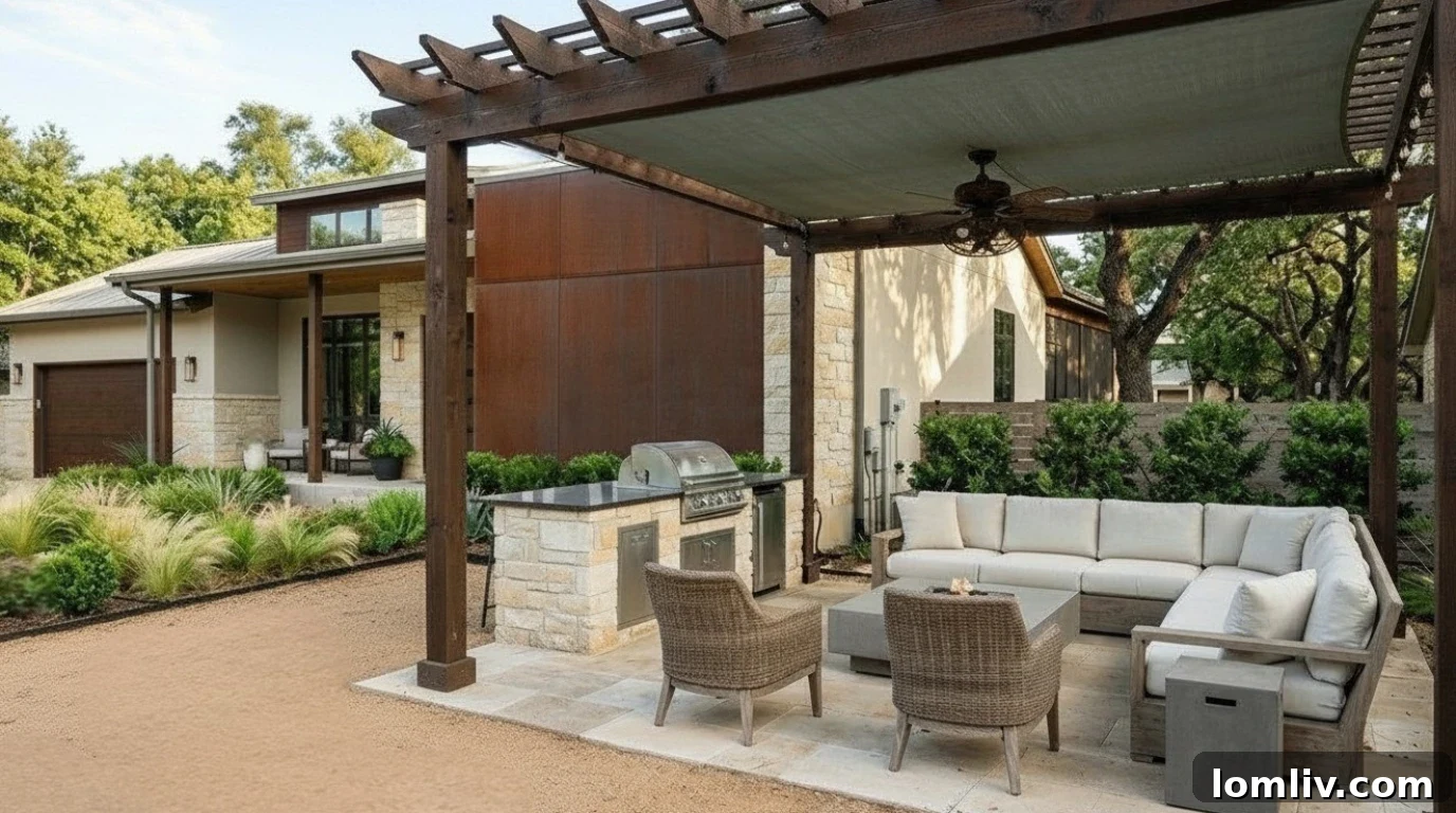 A cozy and functional patio space with comfortable seating and shade