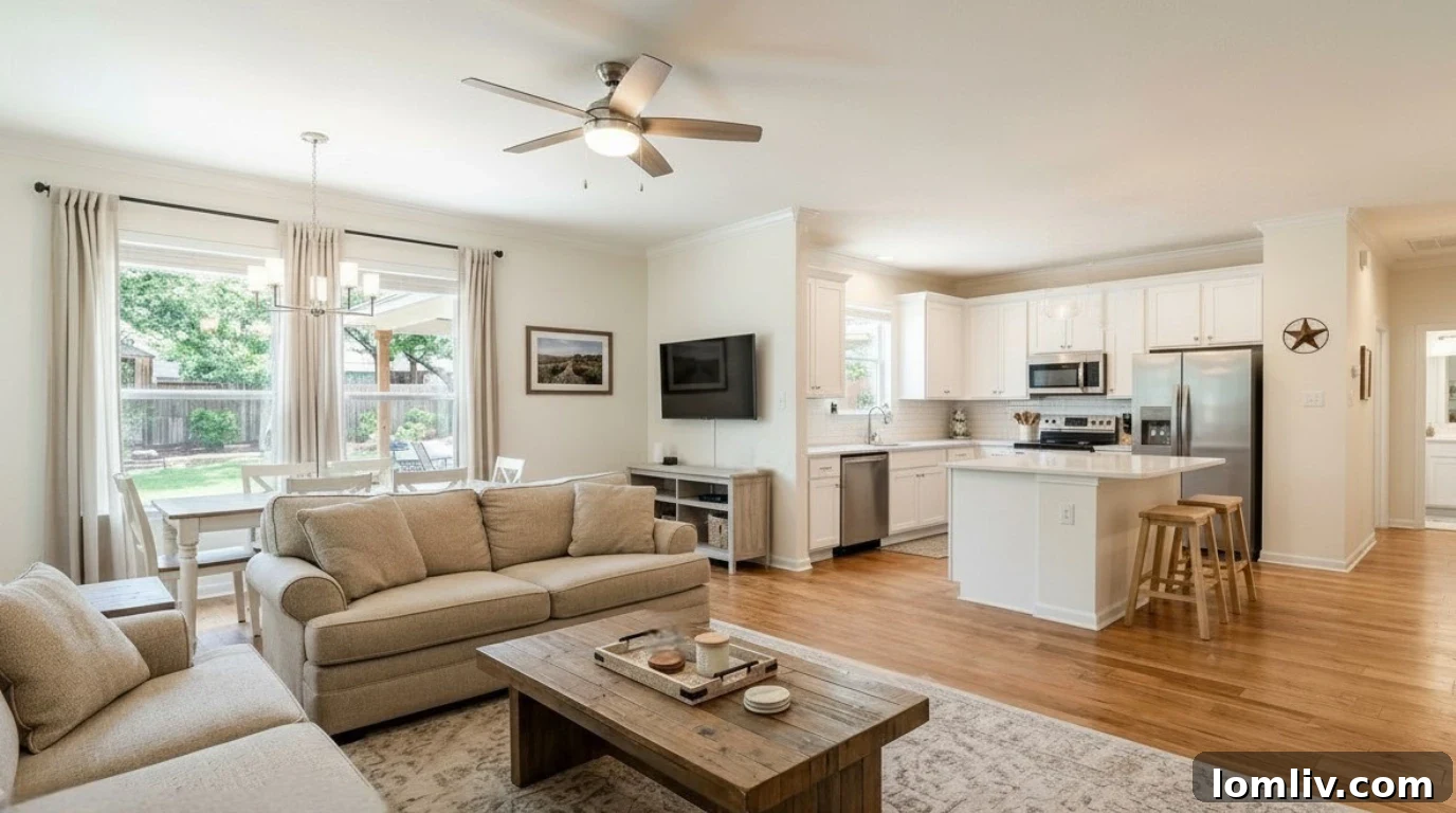 A bright and neutral living room that has been decluttered and staged for sale